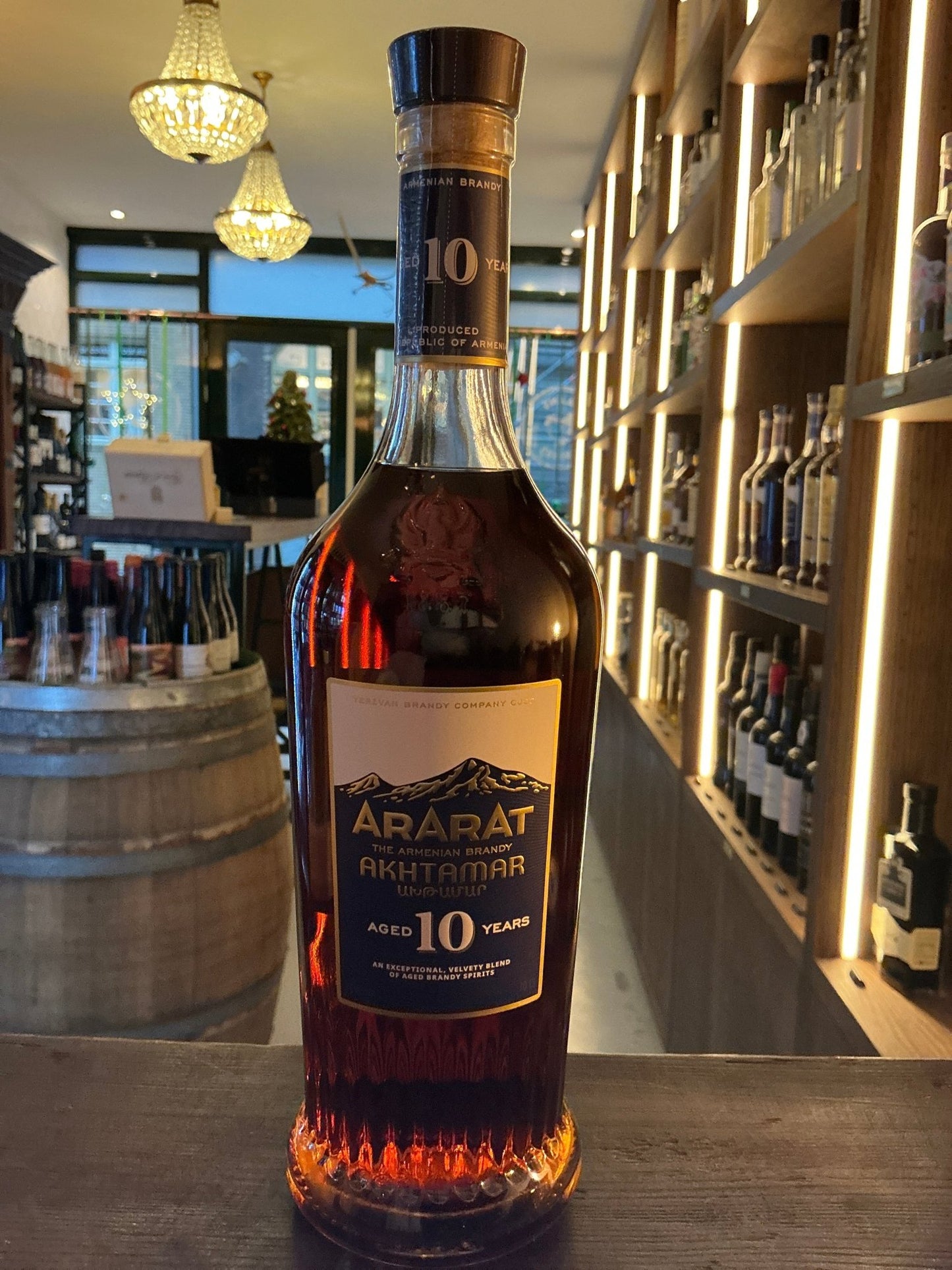 Ararat Akhtamar Armenian brandy aged 10 years in a tall, elegant bottle with deep amber liquid, premium small batch.