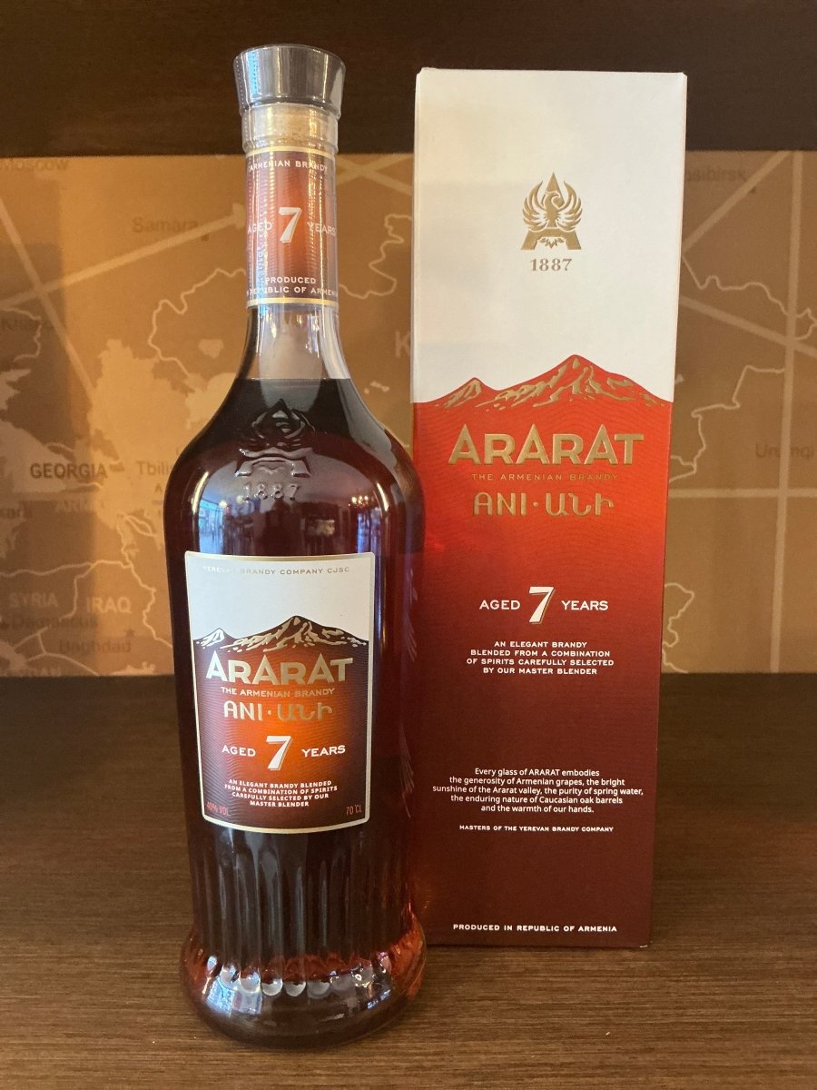 Ararat Ani Armenian Brandy 700ml bottle with red and white gift box — aged 7 years, Yerevan Brandy Company, Republic of Armenia, est. 1887, 40% ABV