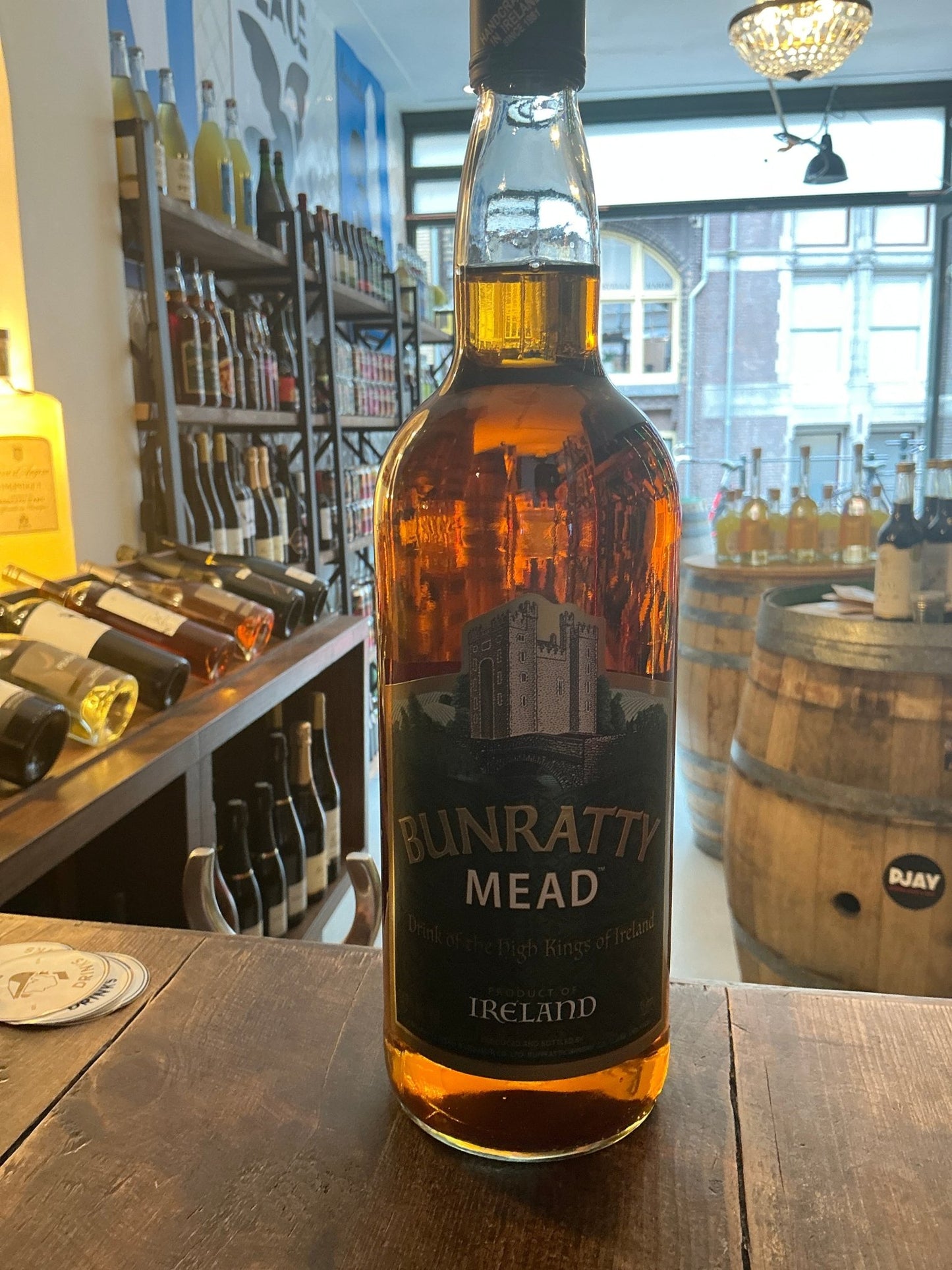 Bunratty Mead traditional Irish honey wine in tall amber bottle with black label, artisan premium specialty spirit with.