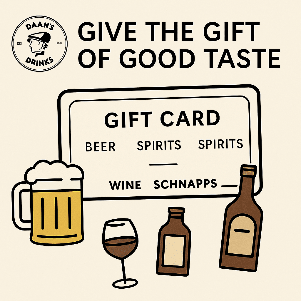 Daan’s Drinks Gift Card illustration with beer mug, wine glass, and three brown spirit bottles on beige background.