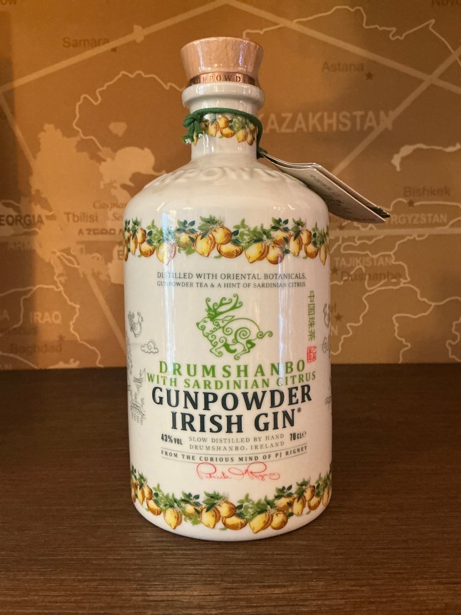 Drumshanbo Gunpowder Irish Gin with Sardinian Citrus 700ml white ceramic bottle with citrus botanical illustration and cork stopper — slow distilled by hand, Drumshanbo, Ireland, 43% ABV