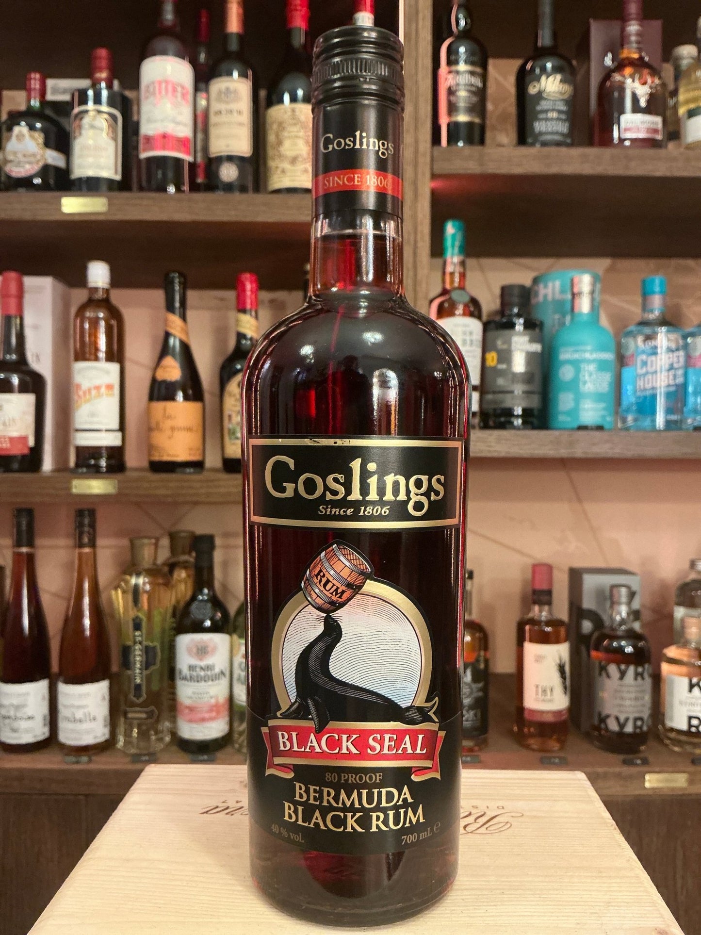 Goslings Black Seal Bermudan Black Rum bottle with premium aged spiced dark rum, artisan crafted specialty spirits.