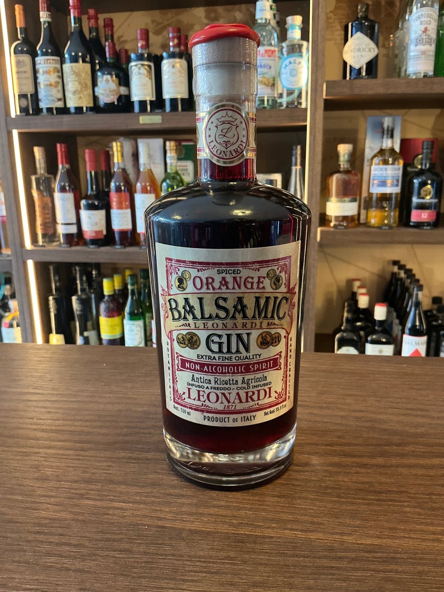 Leonardi Balsamico Orange Non-Alcoholic Gin 750ml premium botanical spiced artisan small batch bottle with red wax seal.