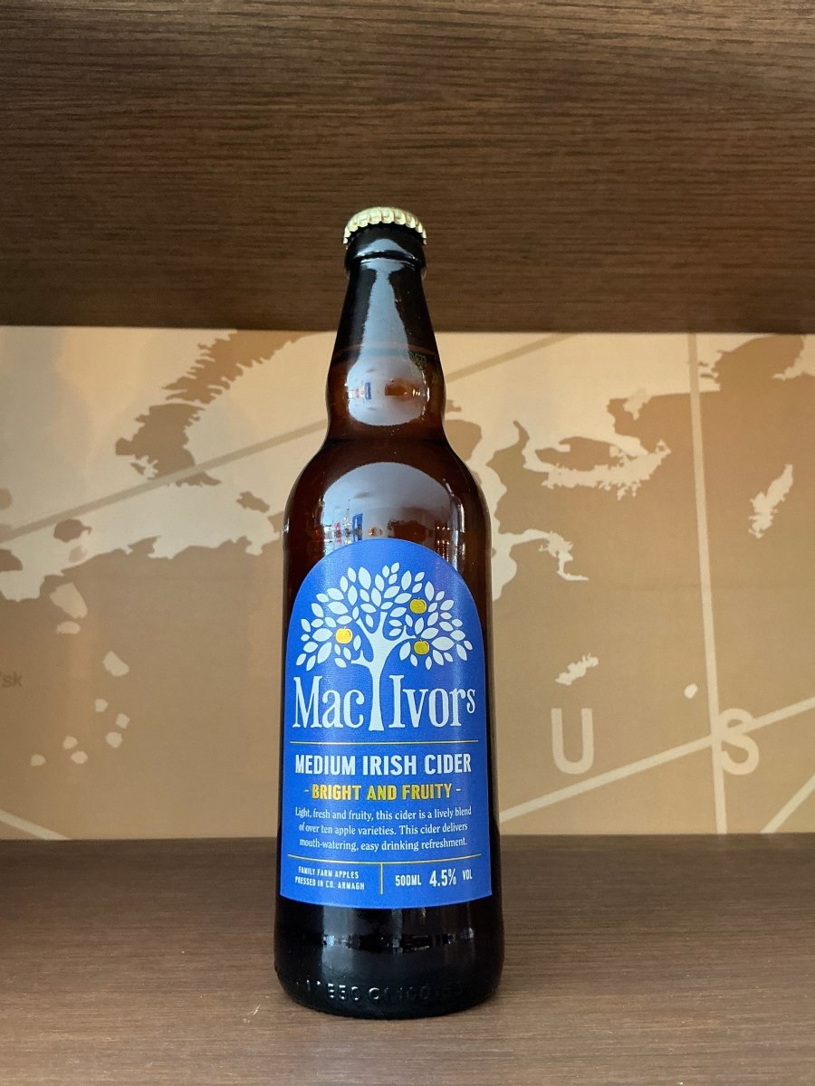 Mac Ivors Medium Irish Cider 500ml bottle — bright and fruity Armagh apple cider by Mac Ivors Cider Co., blue label, 4.5% ABV
