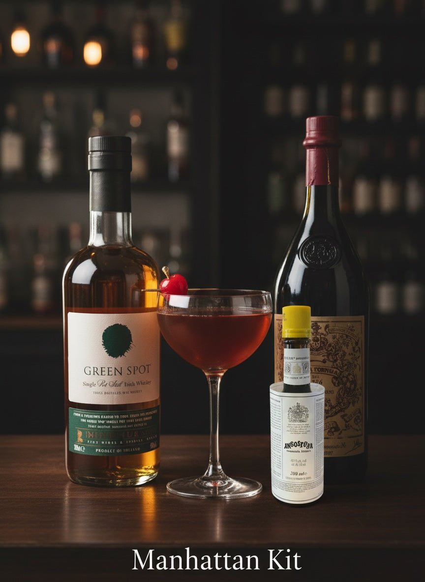 Manhattan Kit with Green Spot aged Irish whiskey bottle, red vermouth bottle, and yellow-capped bitters bottle next to.