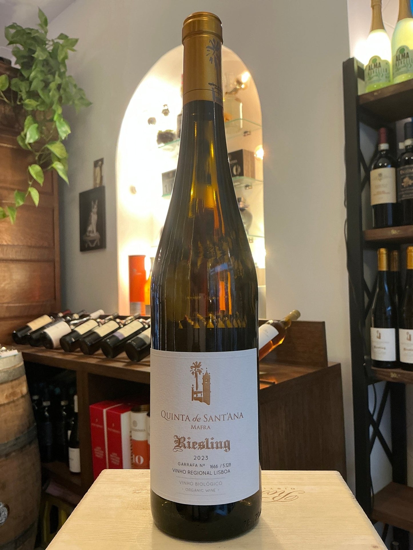 Tall green bottle of Quinta de Sant’Ana Riesling 2023 white wine with white and gold label on wooden table in a rustic wine.