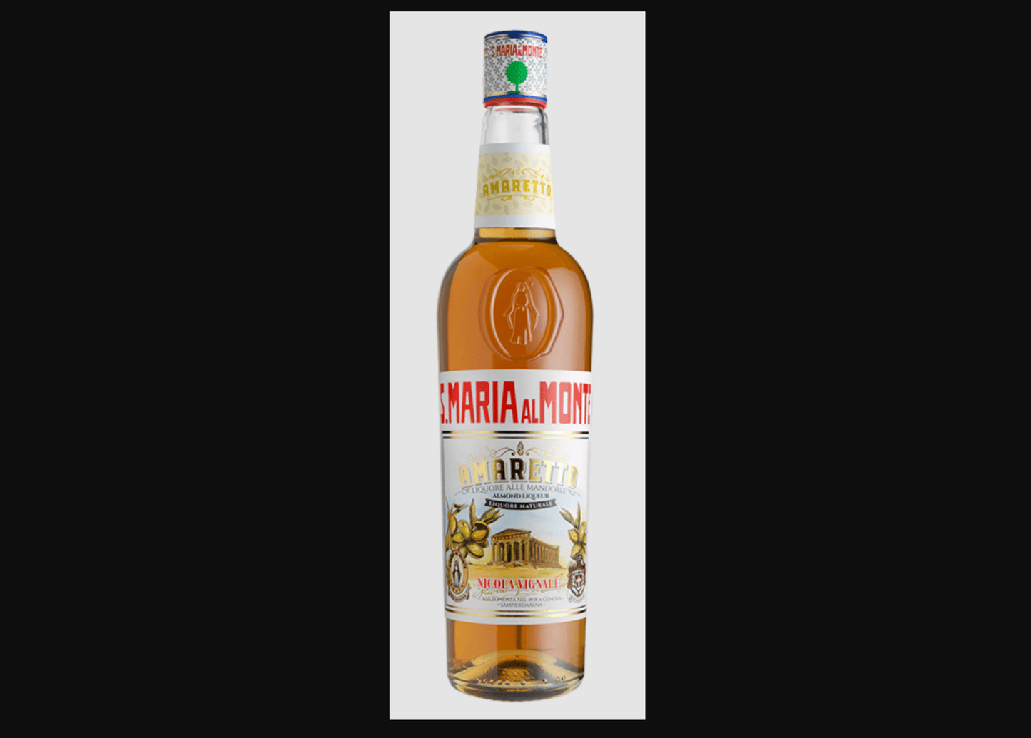 Santa Maria Al Monte Amaretto liqueur bottle with golden amber liquid, vintage-style label featuring Italian botanical.