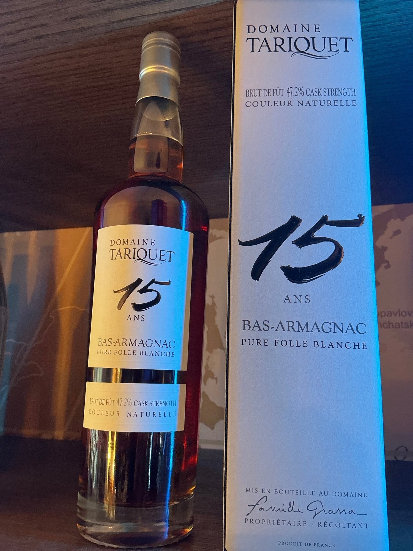 Tariquet Bas Armagnac 15 Ans Folle Blanche premium aged brandy bottle with white box, artisanal distilled specialty spirit.