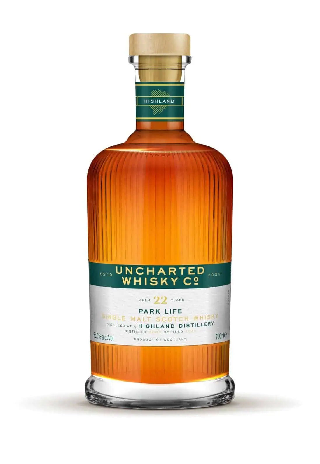 22-year aged Highland Park single malt whisky bottle with amber liquid, ribbed glass, and green label showcasing small batch .
