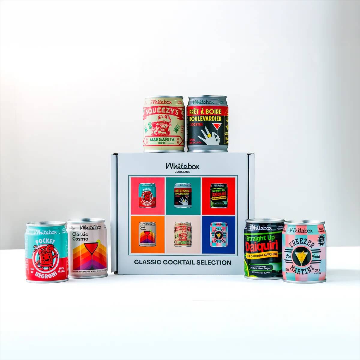 Whitebox Classic Cocktail Selection Box — 6 x 100ml cans including Pocket Negroni, Boulevardier, Daiquiri, Classic Cosmo, Freezer Martini and Margarita