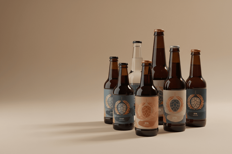 Seven craft beer bottles arranged in a group