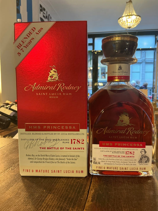 Admiral Rodney HMS Princessa aged Saint Lucia rum in a small batch, premium artisan bottle with spiced, distilled botanical.