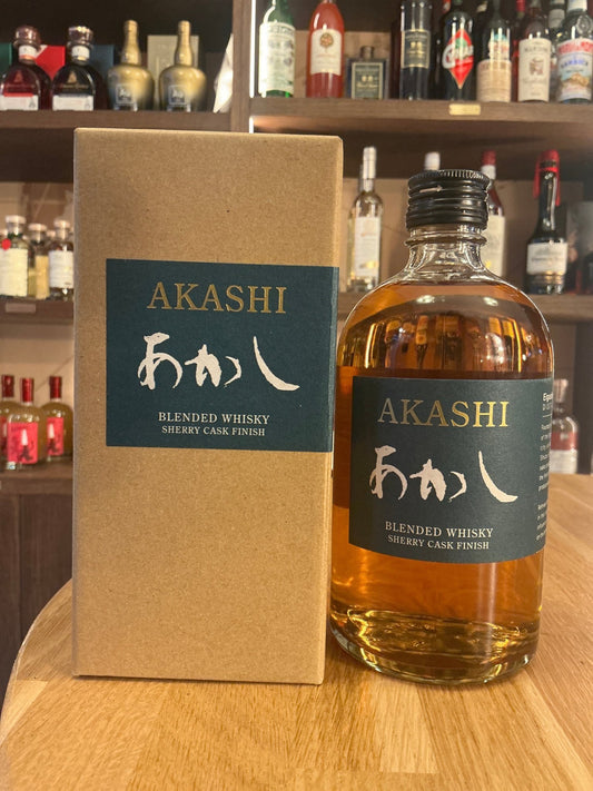 Akashi Blended Whisky Sherry Cask bottle with amber liquid beside premium brown box, Japanese artisan aged spirit.