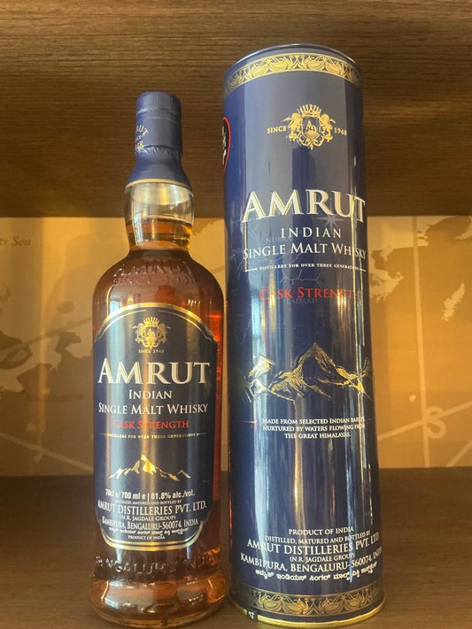 Amrut Indian Single Malt Whisky Cask Strength 700ml bottle with navy blue gift tin — Bangalore, India, 61.8% ABV