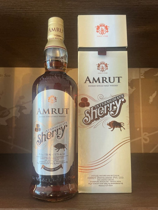 Amrut Intermediate Sherry Indian Single Malt Whisky 700ml bottle with cream gift box — triple cask matured, Bangalore, India, 46% ABV