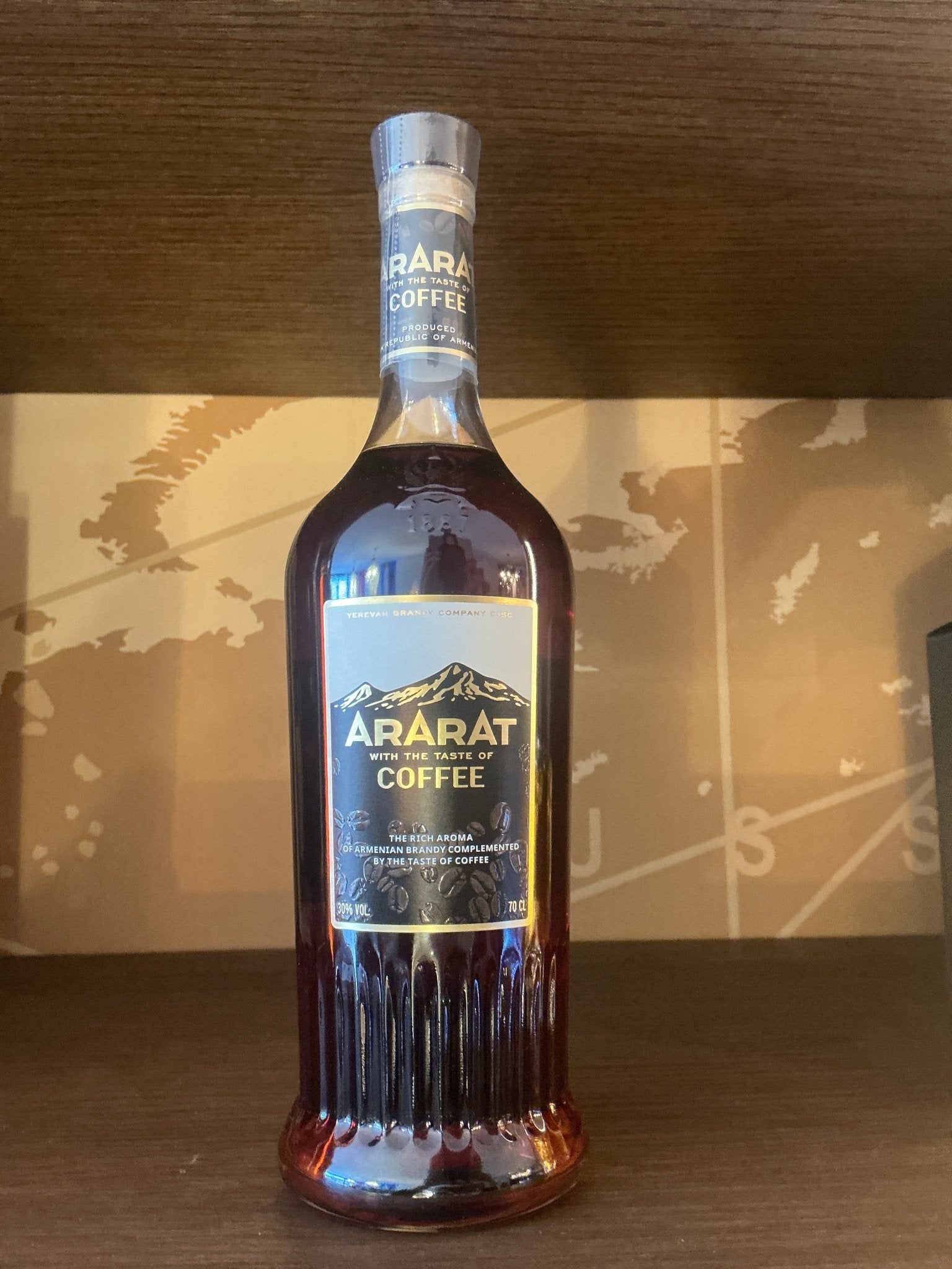 Ararat Coffee Armenian brandy liqueur 700ml dark bottle with navy blue label — rich aroma of Armenian brandy with coffee, Yerevan Brandy Company, Republic of Armenia, 30% ABV