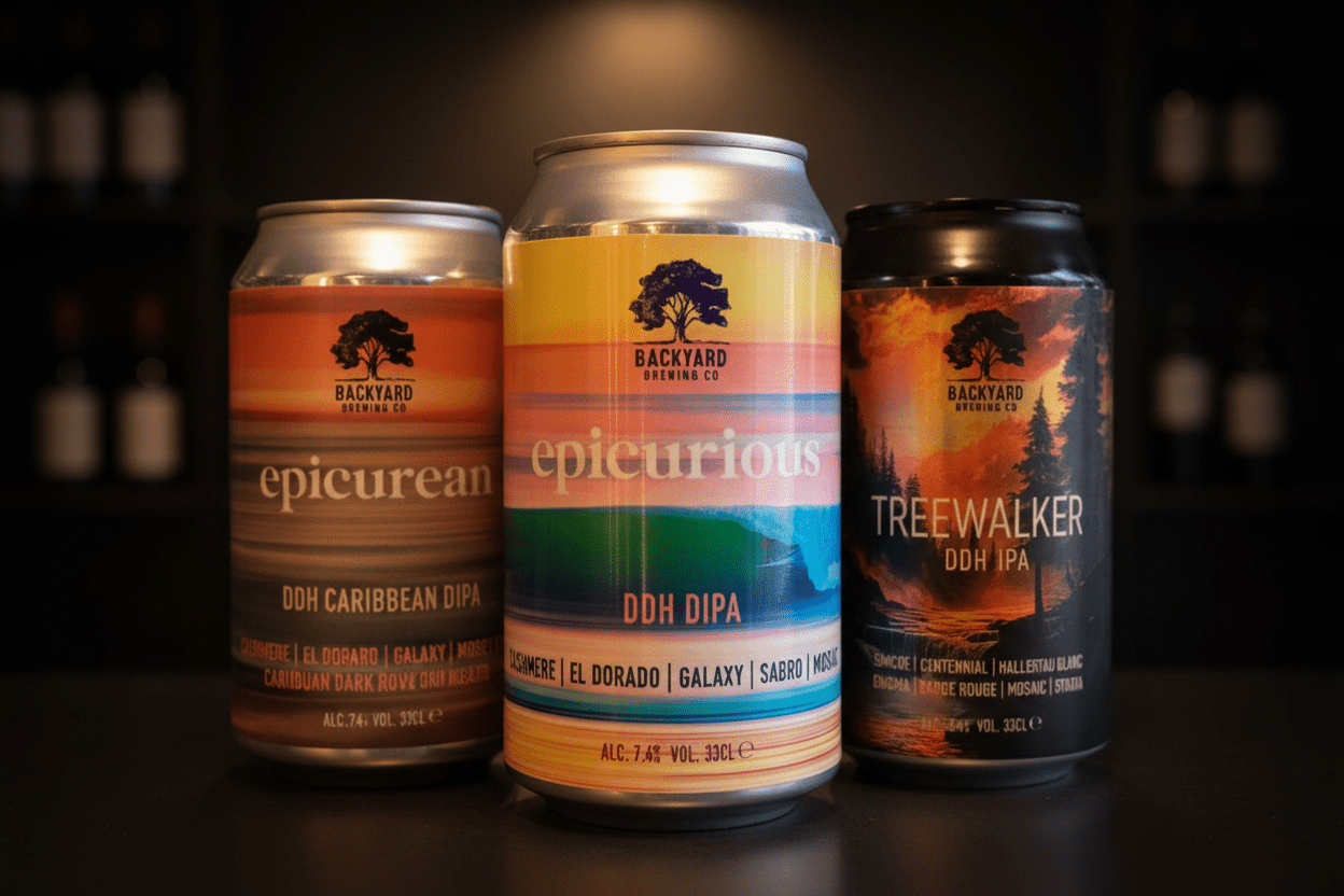 Three artisanal Dutch craft beer cans with premium Backyard Brewing branding, featuring limited edition Epicurean IPA and.