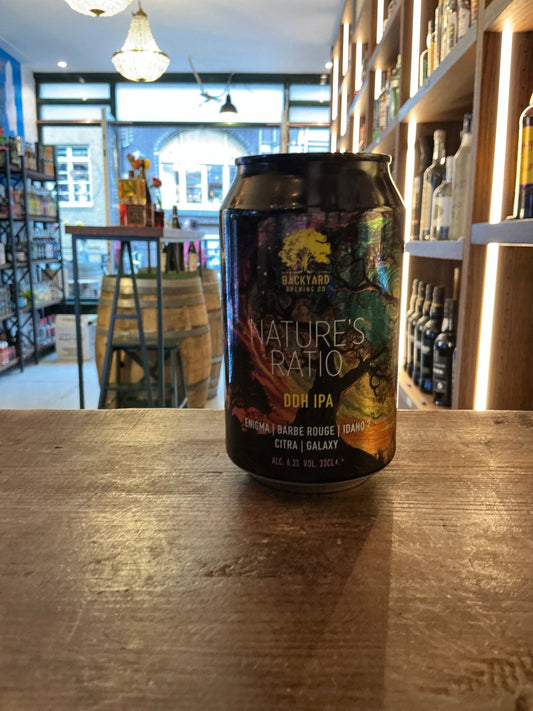 Black can of Backyard Brewing Nature's Ratio IPA craft beer with colorful botanical and spiced design, artisan small batch.