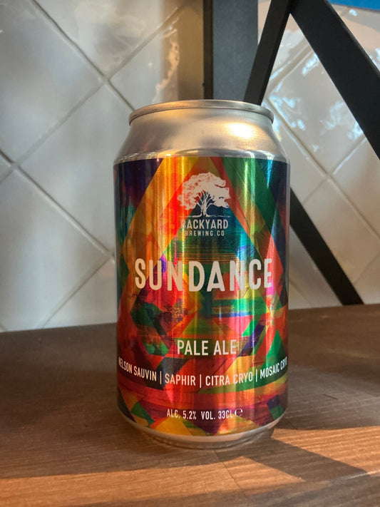 Backyard Brewing Sundance Pale Ale can with vibrant, colorful botanical-inspired label highlighting craft beer, small batch, .