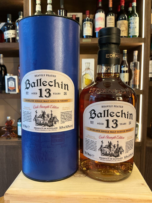 Ballechin 13 Year aged cask strength single malt whisky bottle with blue cylindrical case, artisan distilled premium.