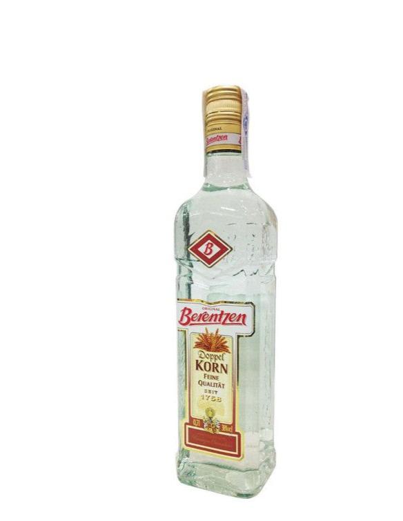 Berentzen Doppelkorn clear glass bottle with red and gold label, premium distilled grain spirit, small batch artisan Korn.