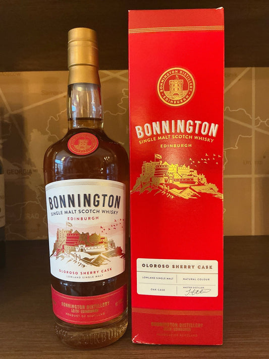 Bonnington Single Malt Scotch Whisky in artisanal Olorosso Sherry Cask, premium Dutch limited edition gift bottle with red.