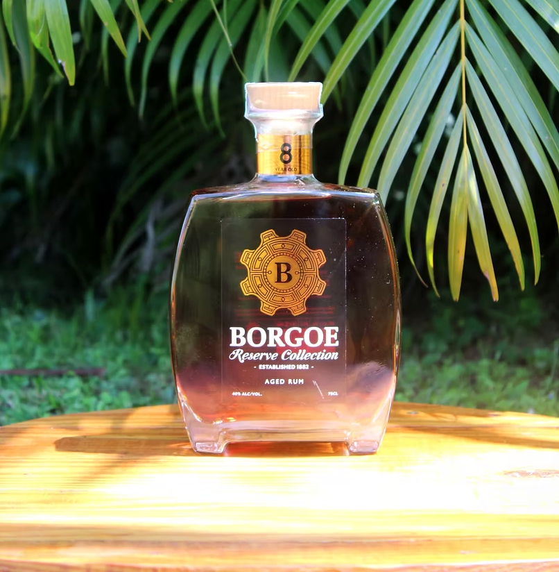 Borgoe 8 Year Aged Rum bottle with amber liquid, premium Dutch artisan spirit, small batch distilled, botanical and spiced.