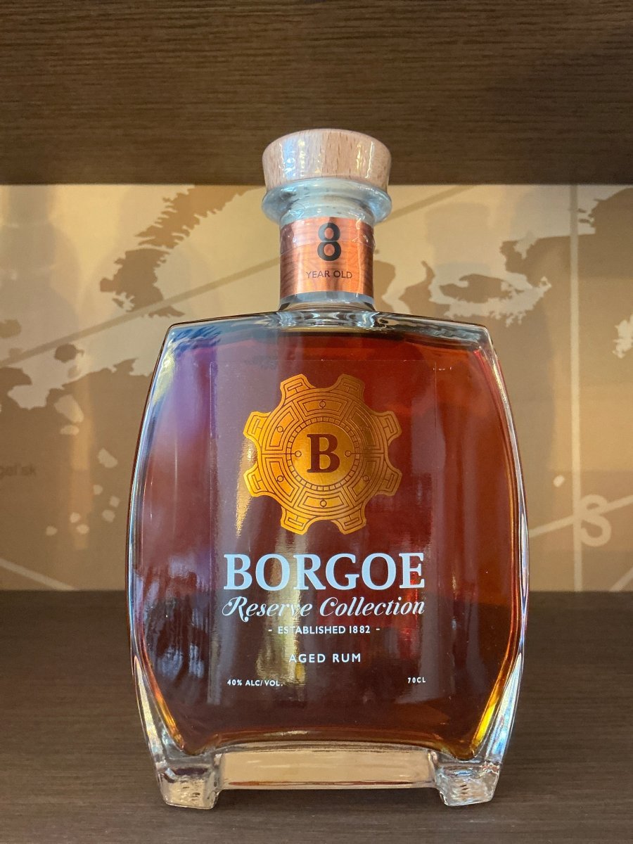 Borgoe Reserve Collection 8 Year Old Aged Rum 700ml flat-sided decanter bottle with gold medallion label — Surinamese rum, established 1882, 40% ABV