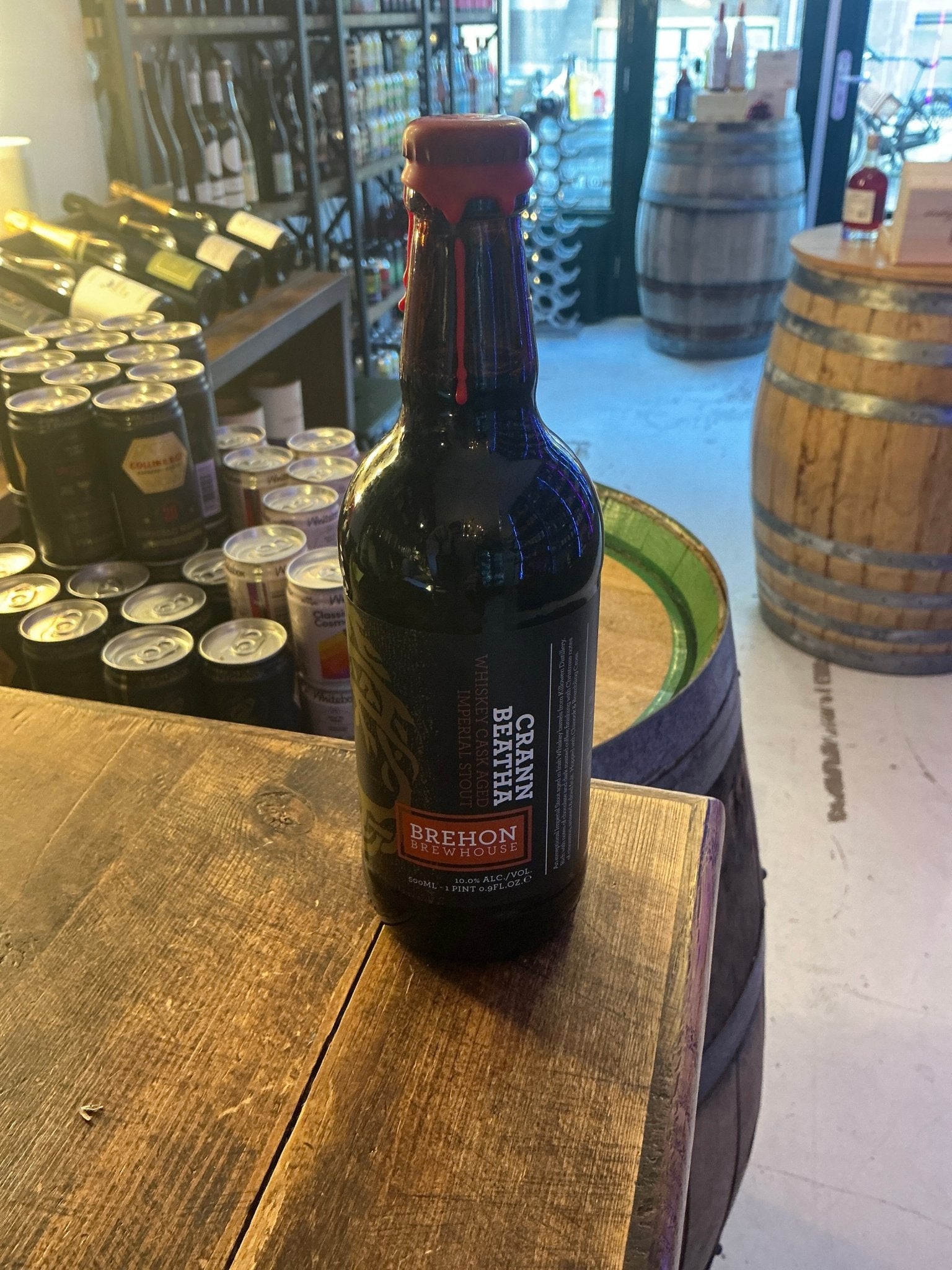 Brehon Crann Beatha Russian Imperial Stout in a dark glass bottle with red wax seal, premium Dutch craft, limited edition.