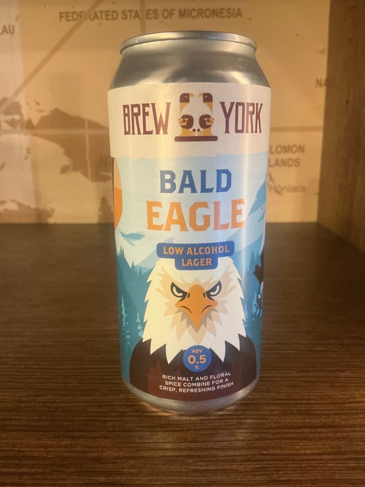 Craft artisanal Brew York Bald Eagle Dutch premium alcohol-free lager can with bold eagle graphic and 0.5% ABV badge.