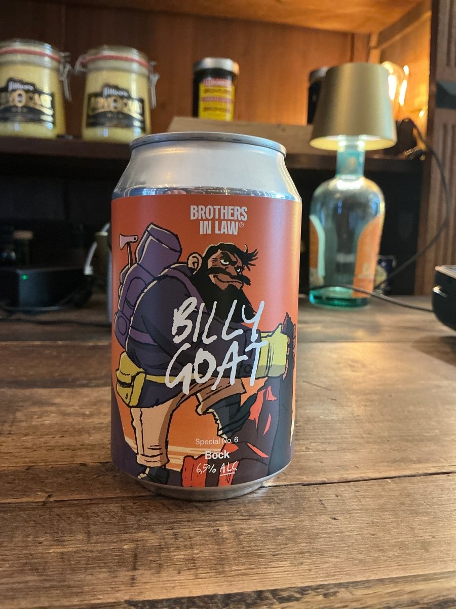 Brothers in Law Billy Goat craft beer can with colorful goat illustration, small batch specialty spirits branding.