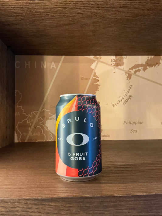 Brulo 5 Fruit Gose craft beer can with colorful blue, red, and orange design, premium artisan small batch non-alcoholic sour .