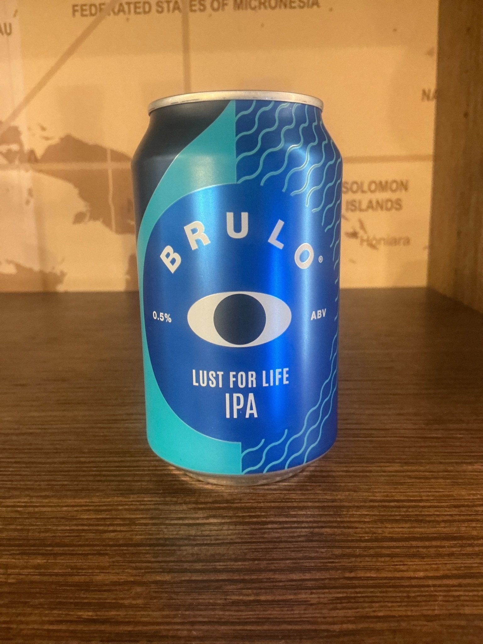 Brulo Lust for Life IPA non-alcoholic beer can in blue with artisanal Dutch craft branding, limited edition gift-quality.
