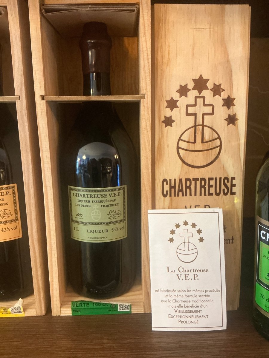 Chartreuse VEP Green 1L liqueur bottle 54% ABV in open wooden Carthusian Order gift box