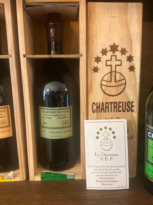 Chartreuse VEP Green 1L liqueur bottle 54% ABV in open wooden Carthusian Order gift box