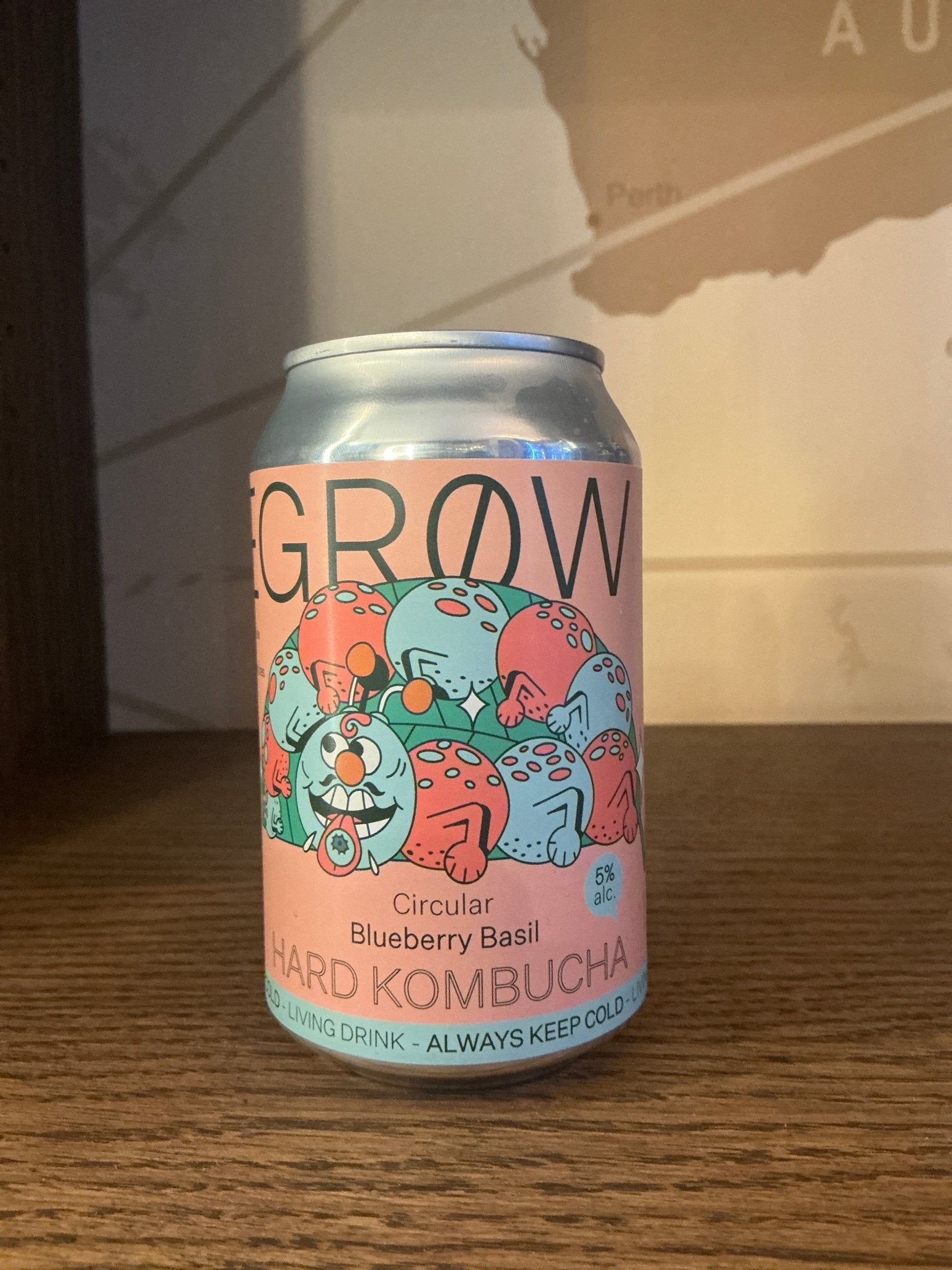 Degrow Lab Blueberry Basil Hard Kombucha can with artisanal, craft design featuring playful blueberry and basil.
