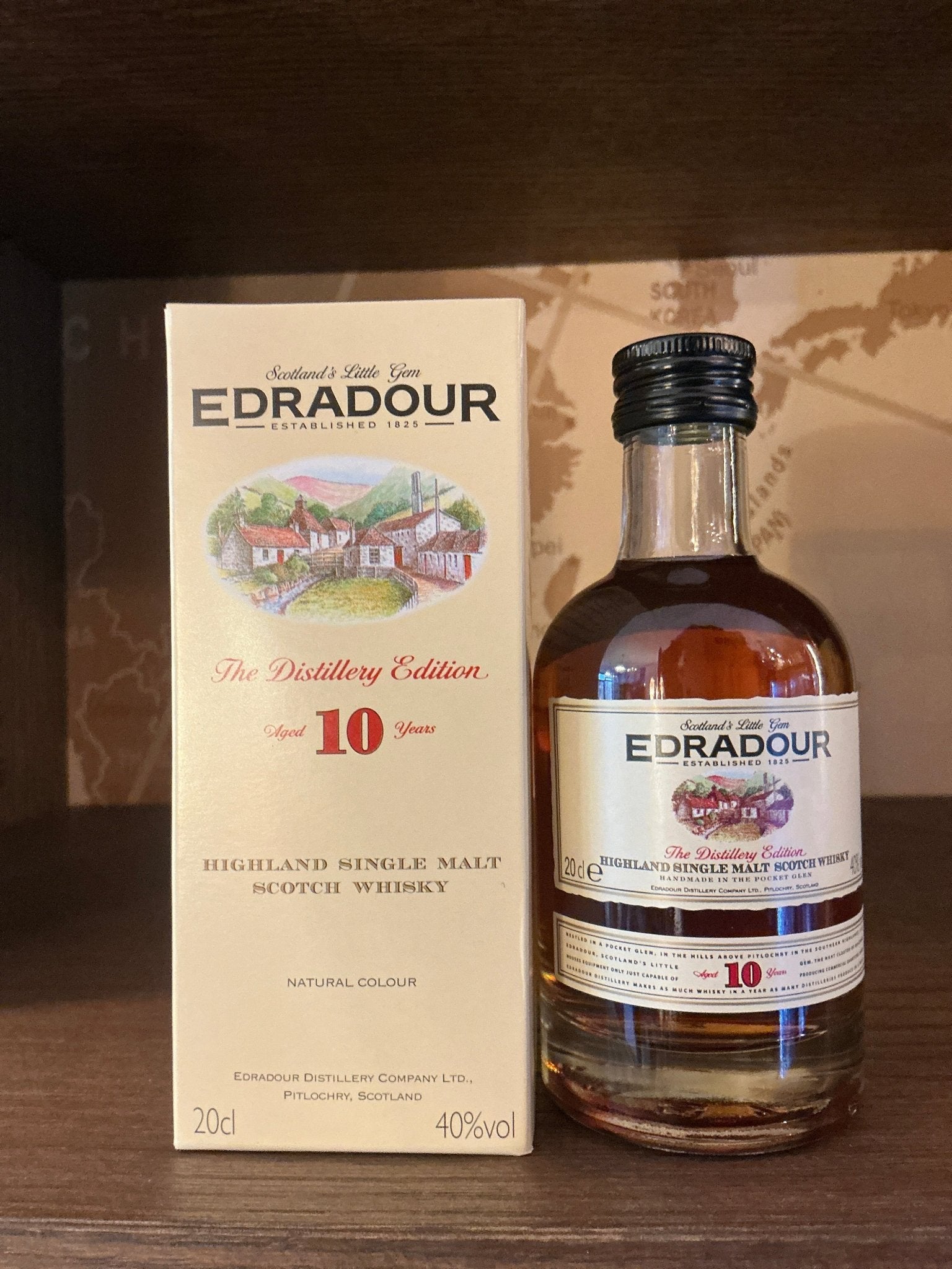 Edradour 10 Year single malt Scotch whisky 20cl bottle with cream and burgundy label, premium aged spirit packaging.