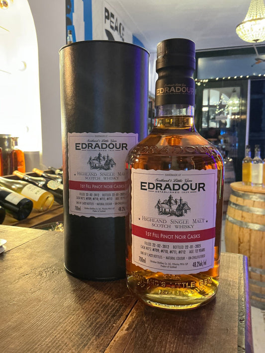 Edradour Pinot Noir Cask single malt Scotch whisky bottle and black cylindrical box, premium aged, artisan distilled, small.