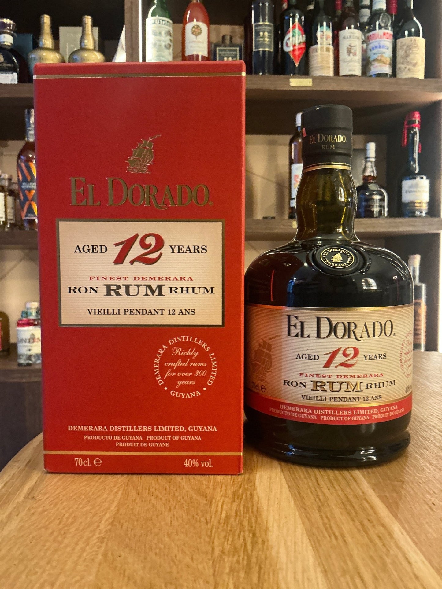 El Dorado 12 Year Aged Rum bottle with red label and matching box, premium Guyanese distilled small batch spirit.