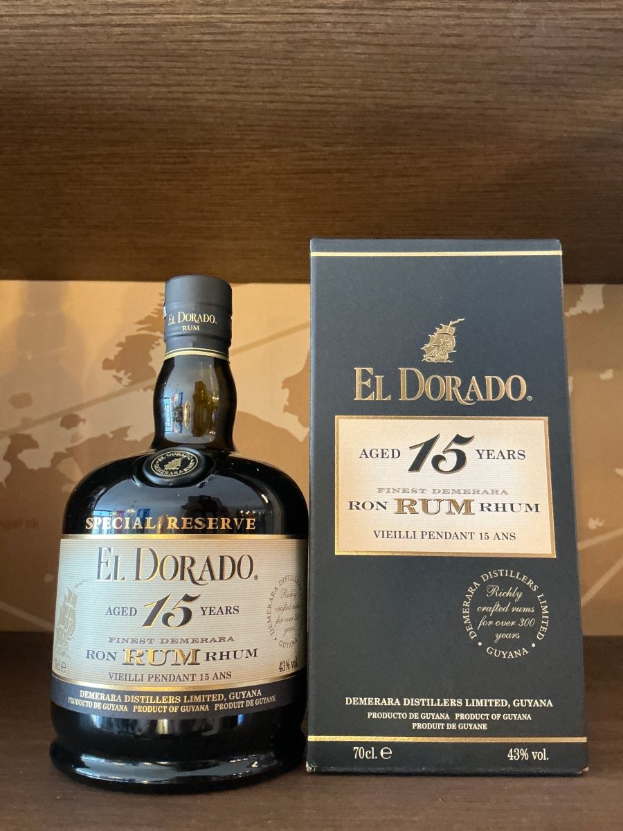 El Dorado Special Reserve 15 Year Finest Demerara Rum 700ml bottle with navy blue gift box — Demerara Distillers Limited, Guyana, aged 15 years, 43% ABV