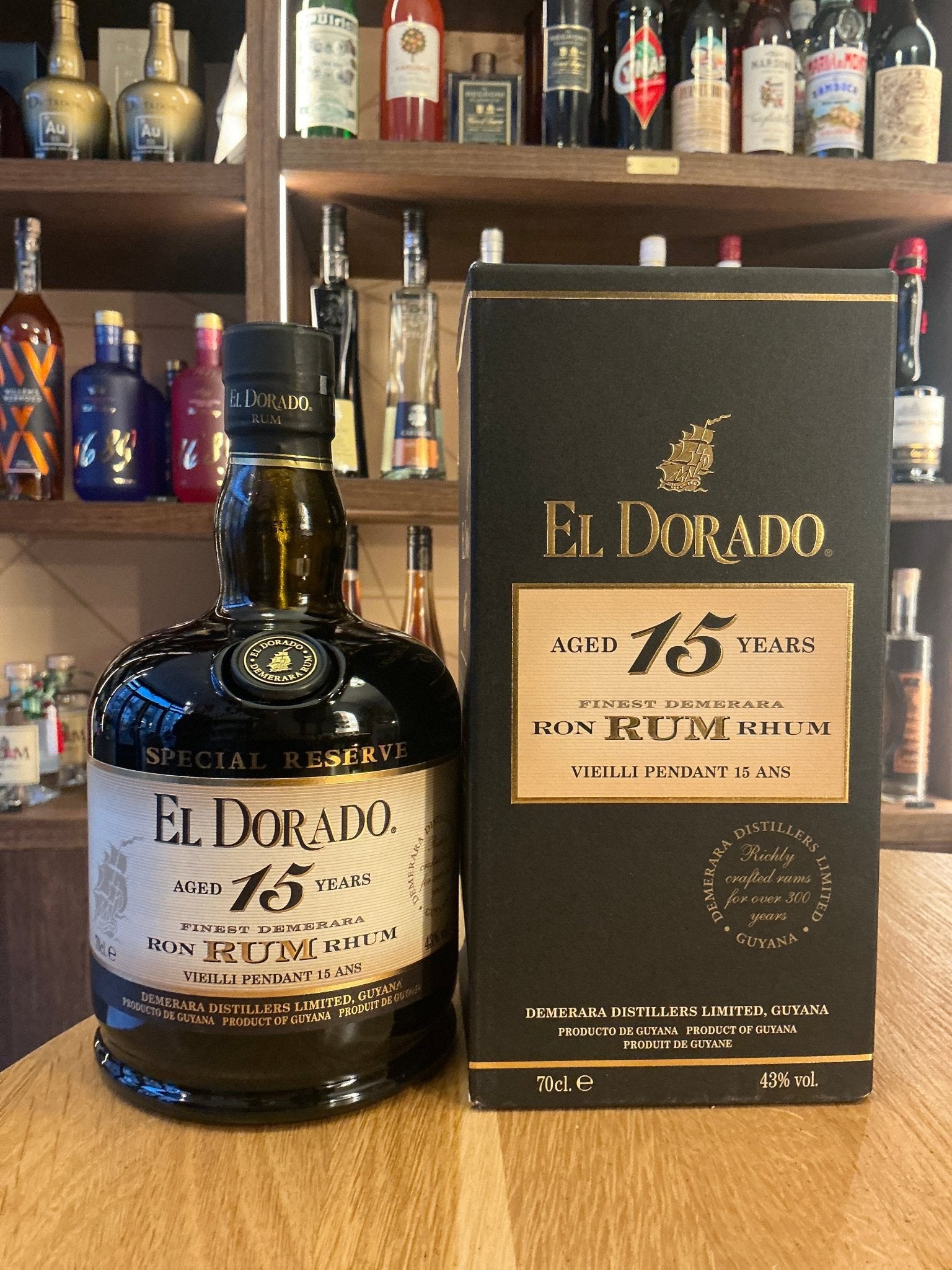 El Dorado 15 Year Aged Rum bottle with black and gold label, next to matching black box highlighting premium small batch.