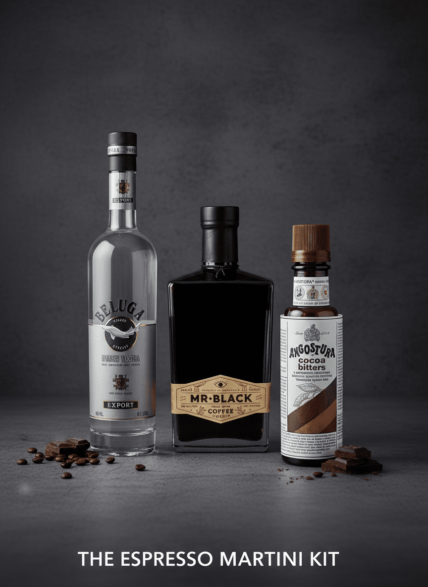 Tall clear bottle of Ketel One Dutch vodka with botanical design, black square bottle of Mr.