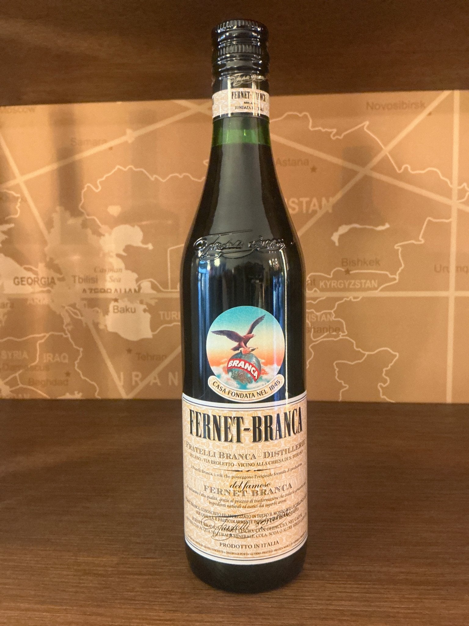 Fernet-Branca bottle — Italian amaro made from 27 secret herbs and spices by Fratelli Branca, Milan.