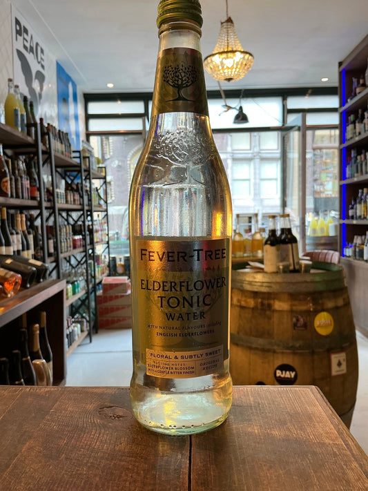 Fever Tree Elderflower Tonic Water 50cl bottle with premium artisan botanical flavor, ideal for gin, whisky, rum, bourbon,.