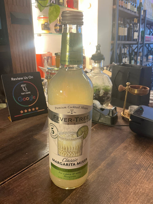 Fever-Tree Margarita mixer bottle with botanical lime and agave flavor, premium artisan blend for tequila and mezcal.