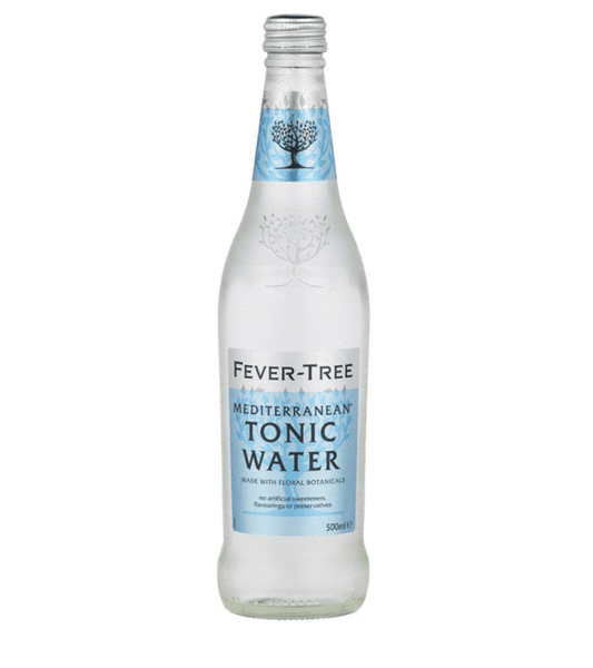 Fever-Tree Mediterranean Tonic Water 50cl clear glass bottle with blue label, artisan botanical blend for premium gin,.