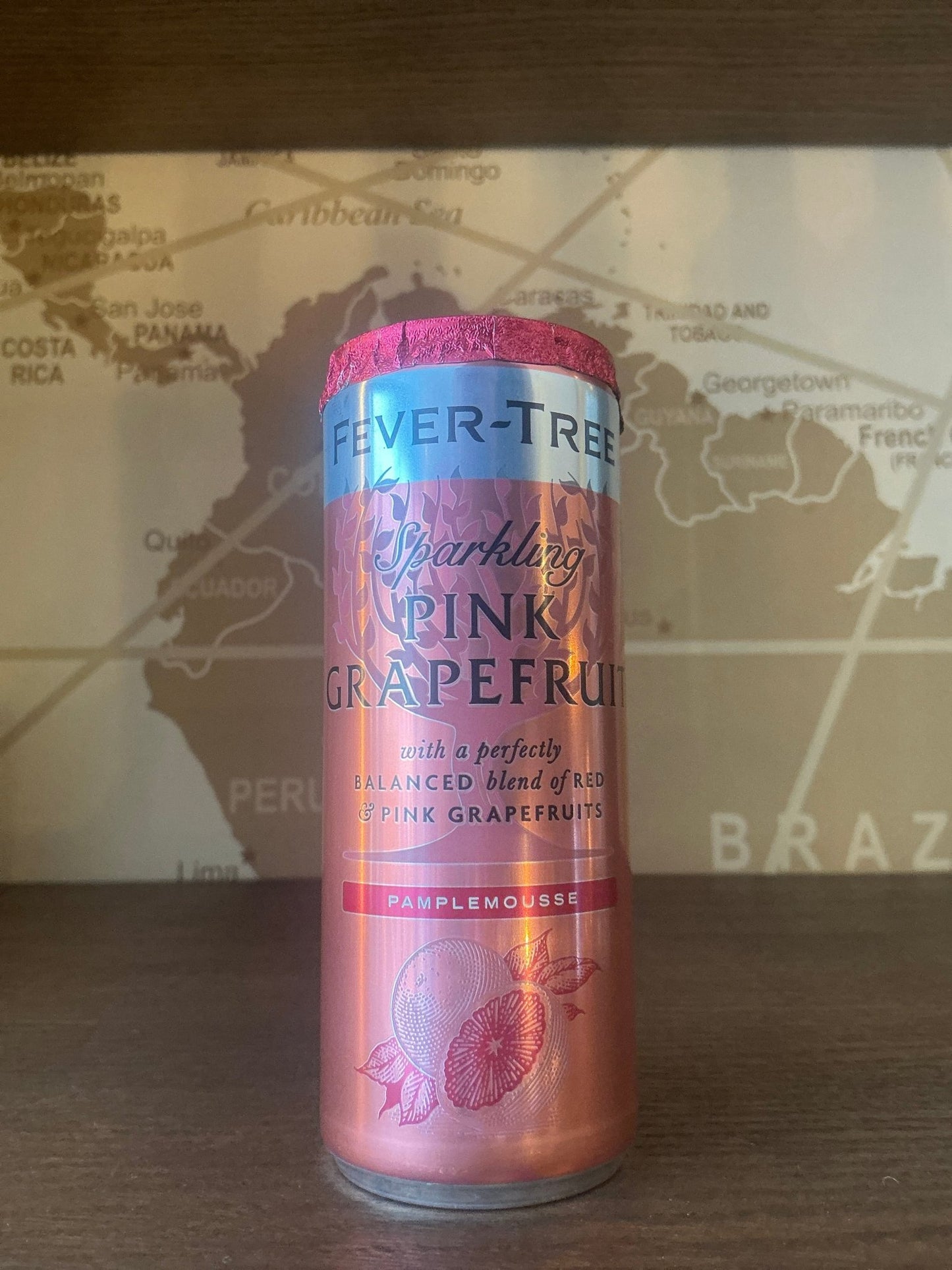 Fever-Tree Sparkling Pink Grapefruit can – bittersweet sparkling soft drink with hand-picked grapefruits from Alicante Spain, perfect Paloma mixer