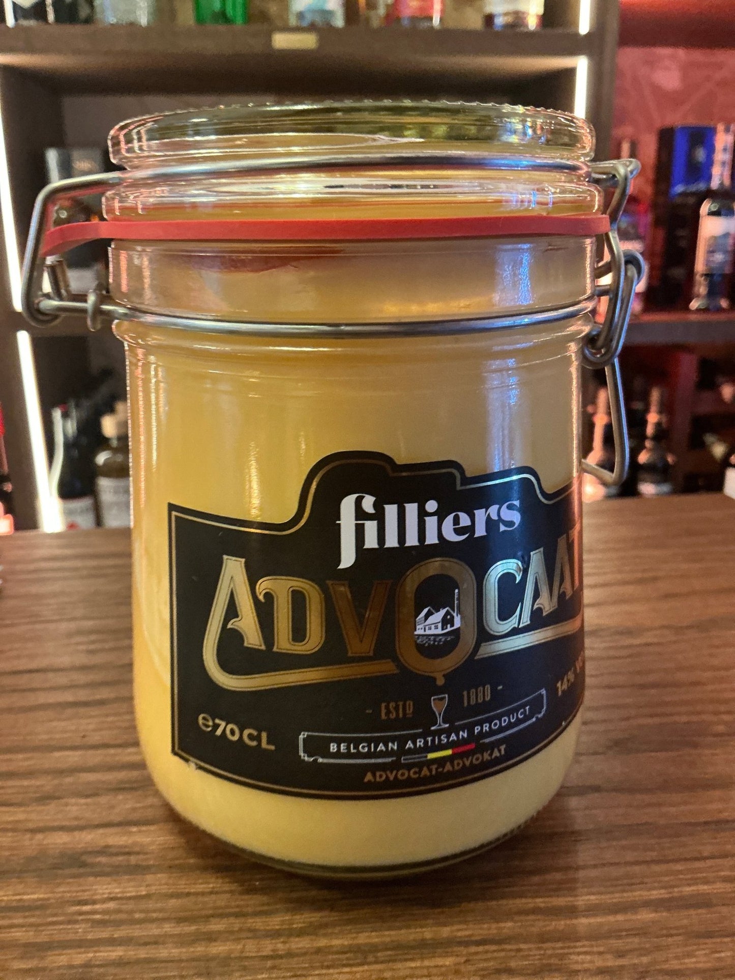 Filliers Advocaat Belgian egg liqueur in a premium glass jar with airtight clamp lid, artisan small batch specialty spirit.