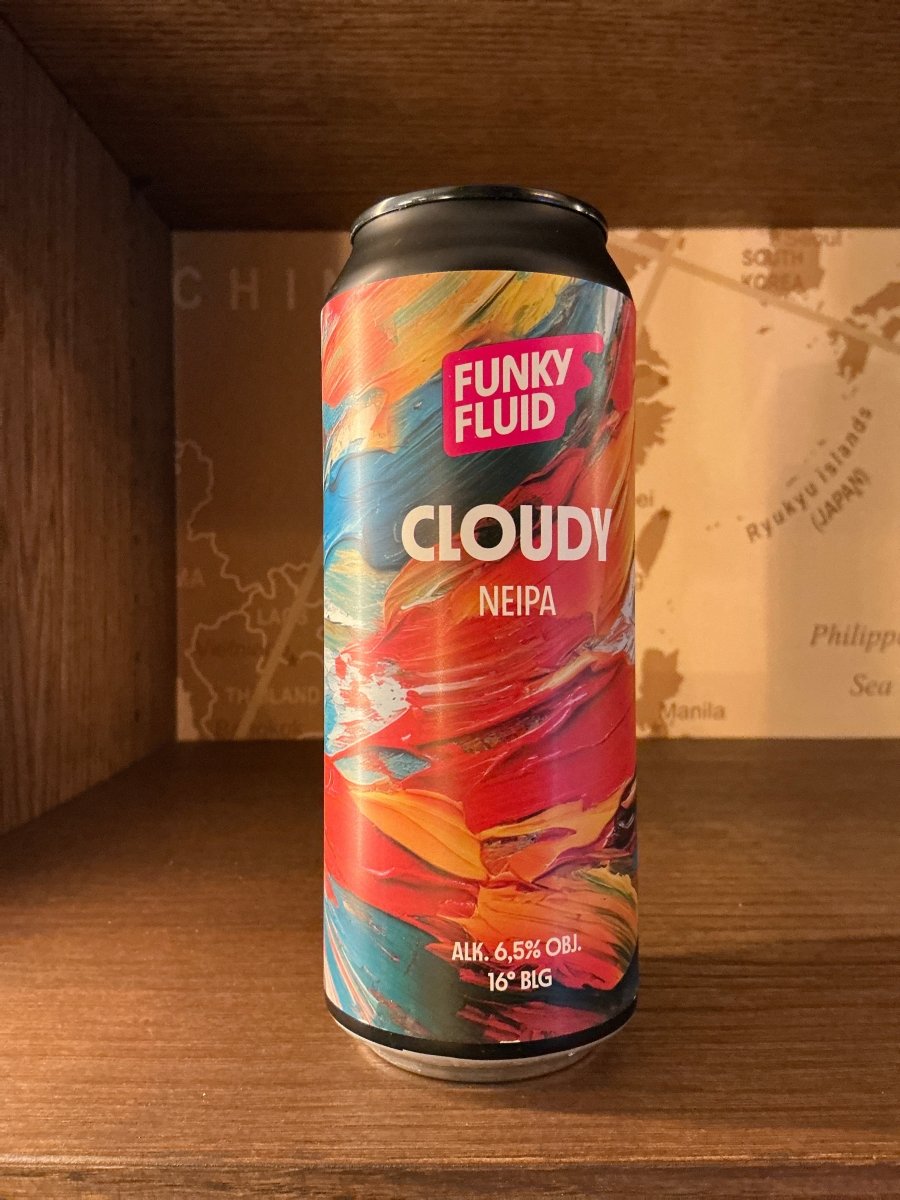 Tall can of Funky Fluid Cloudy New England IPA craft beer with vibrant red, orange, and blue abstract design, 6.