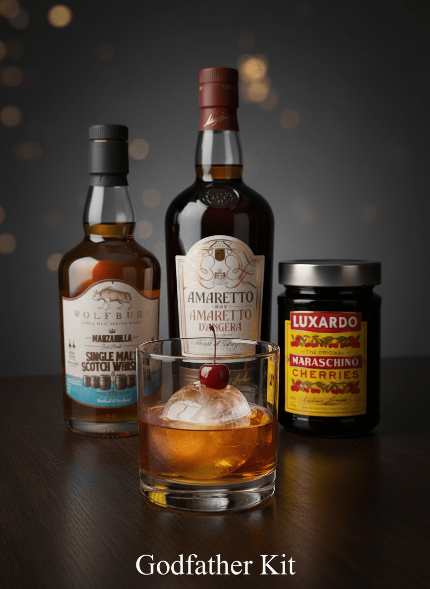 Godfather Kit with Wolfer Gin, Luxardo Maraschino Cherries jar, and Amaretto liqueur bottle with aged, spiced, and botanical .